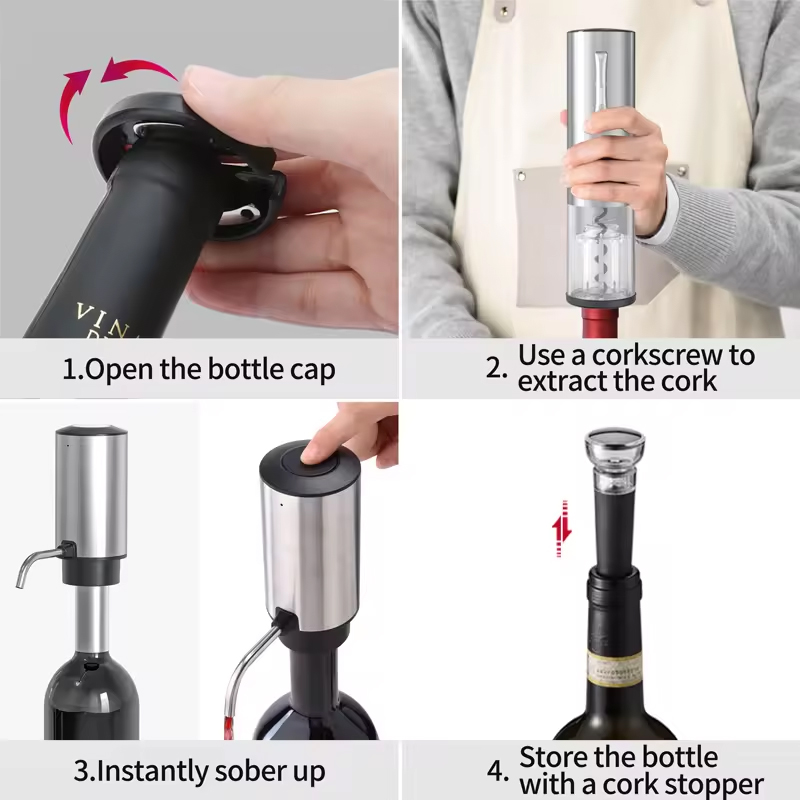Wine Opener Electric - ชุดเปิดขวดไวน์ไฟฟ้าแบบชาร์จได้ 4-in-1 พร้อมที่รินไวน์ ที่ตัดฟอยล์ จุกปิดขวดไวน์ สำหรับใช้ในบ้าน