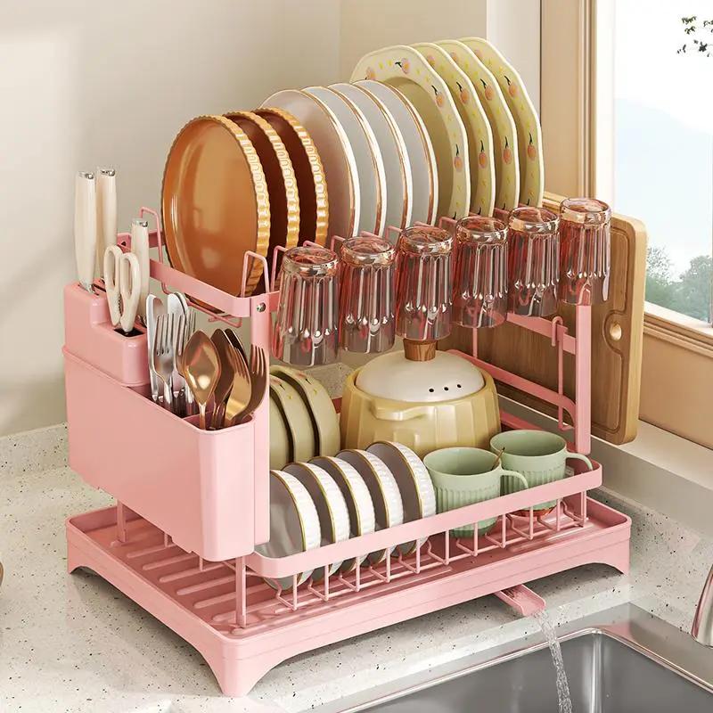 Kitchen Appliances Large - ชั้นวางจาน 2 ชั้นสำหรับเคาน์เตอร์ครัว ที่คว่ำจานกันสนิมพร้อมแผ่นรองน้ำ ที่วางช้อนส้อมและอุปกรณ์ครัว ที่วางแก้ว