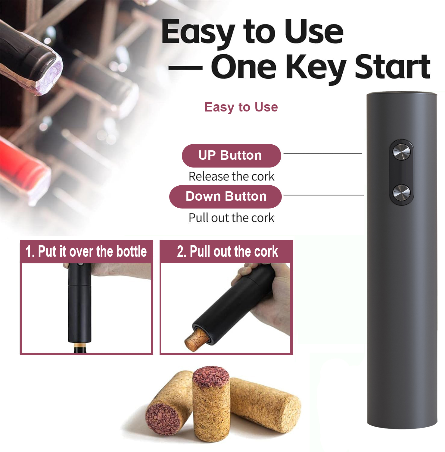 Wine Opener Electric - อุปกรณ์เปิดขวดไวน์ไฟฟ้าที่เปิดจุกที่เปิดฝาพร้อมที่ตัดฟอยล์อุปกรณ์เปิดขวดไวน์สีดำอุปกรณ์เปิดขวดไวน์อัตโนมัติพร้อมแบตเตอรี่อุปกรณ์เสริมไวน์